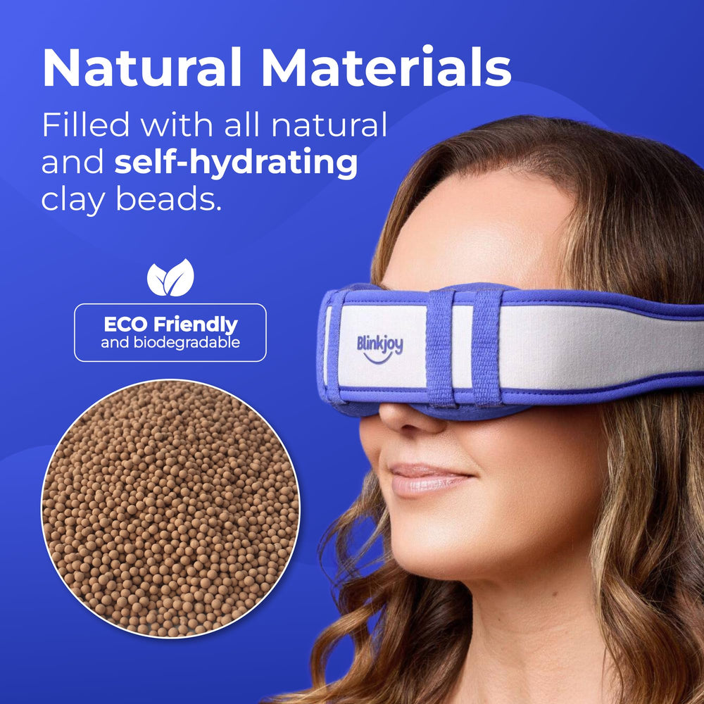 Blinkjoy Moist Heated Eye Mask at-home relaxation use demonstrates dry-eye wellness before bed.