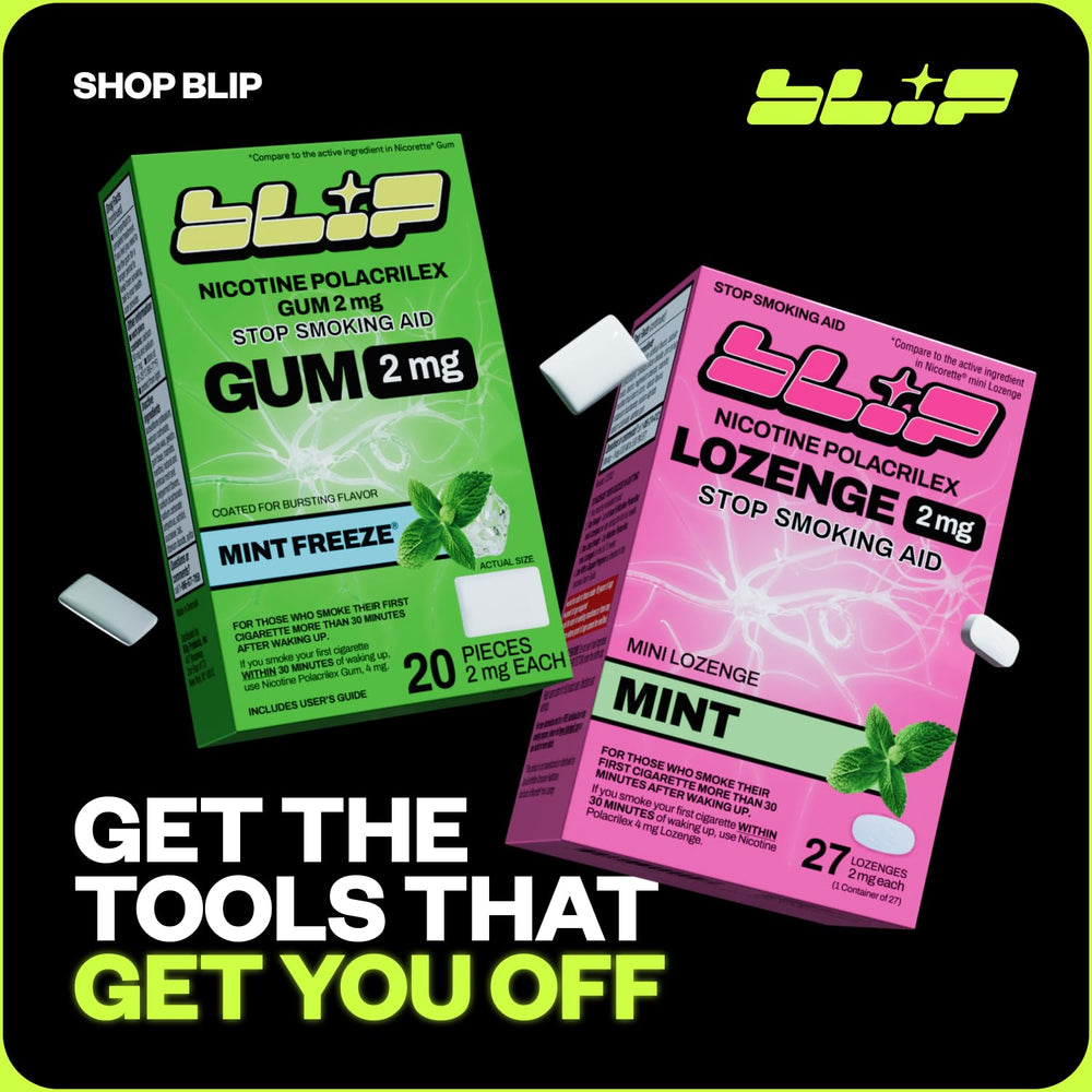 Blip NRT gum mint freeze display promotes convenient quit support.