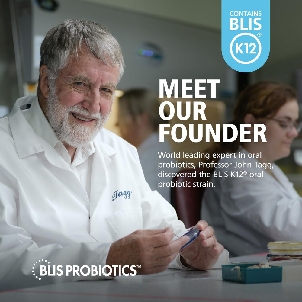 BLIS ThroatHealth bottle back label with ingredients and allergen note.