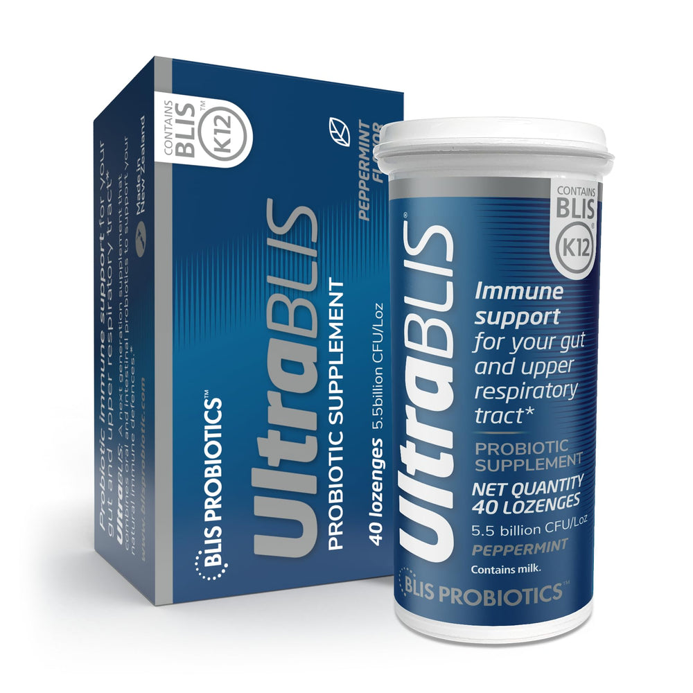 BLIS UltraBLIS packaging featuring brand and lozenges for a daily probiotic routine.