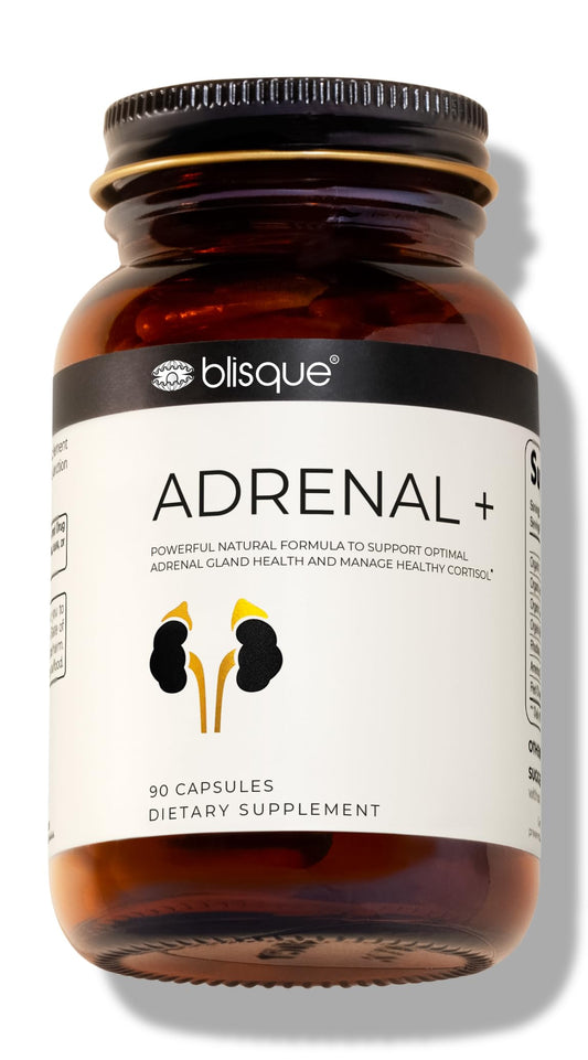 Blisque Adrenal + bottle front indicating natural energy support and adrenal health