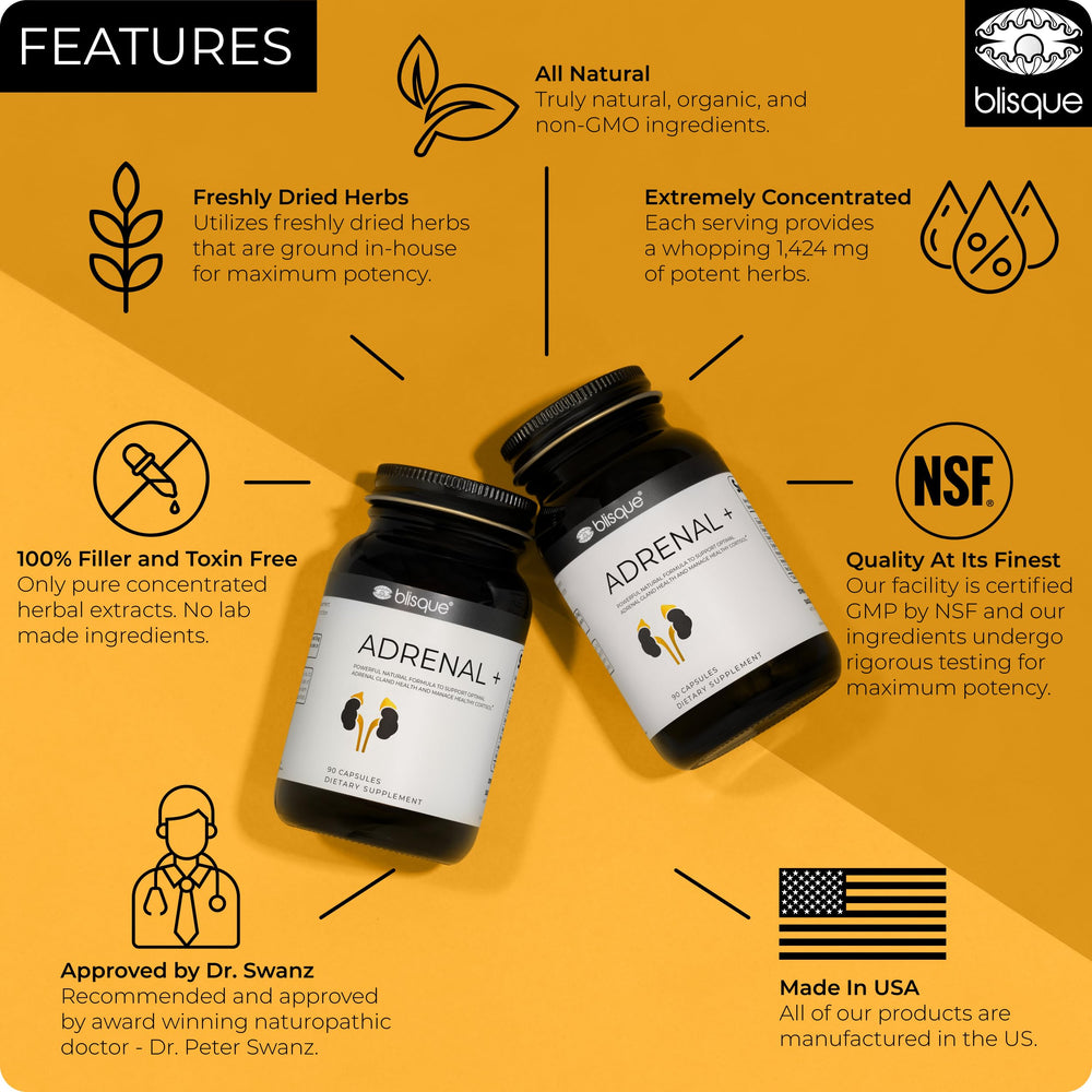 Blisque Adrenal + herbal blend highlighting adaptogenic herbs for resilience