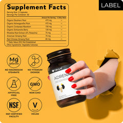 Blisque Adrenal + vegan capsules on label scene for plant-based support