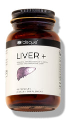Blisque LIVER + bottle front shows a premium detox supplement for daily liver support