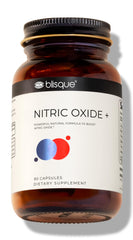 Blisque Nitric Oxide bottle label highlighting circulation support and natural ingredients