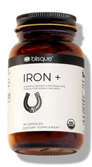 Blisque organic iron bottle shows plant-based iron for daily energy support.