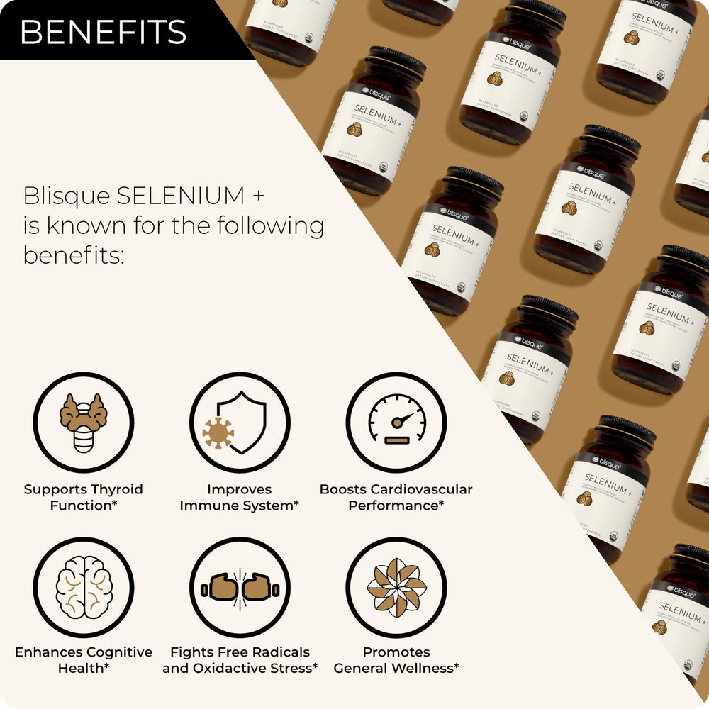 Blisque organic selenium capsules with turmeric and ginger for improved absorption.