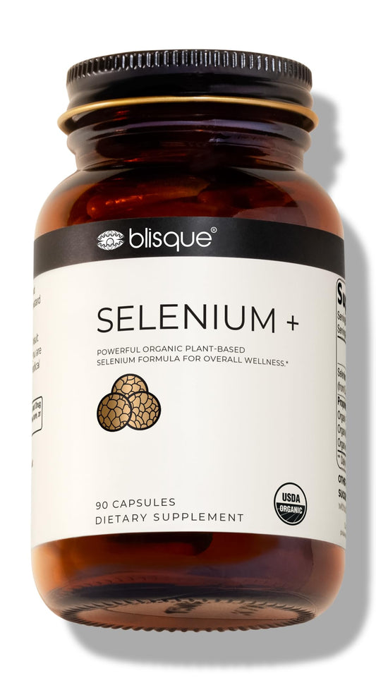 Blisque organic selenium bottle with mustard seeds for thyroid support.