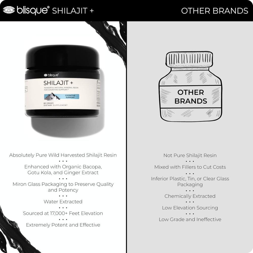 Blisque shilajit resin with ginger extract suggesting balanced absorption.