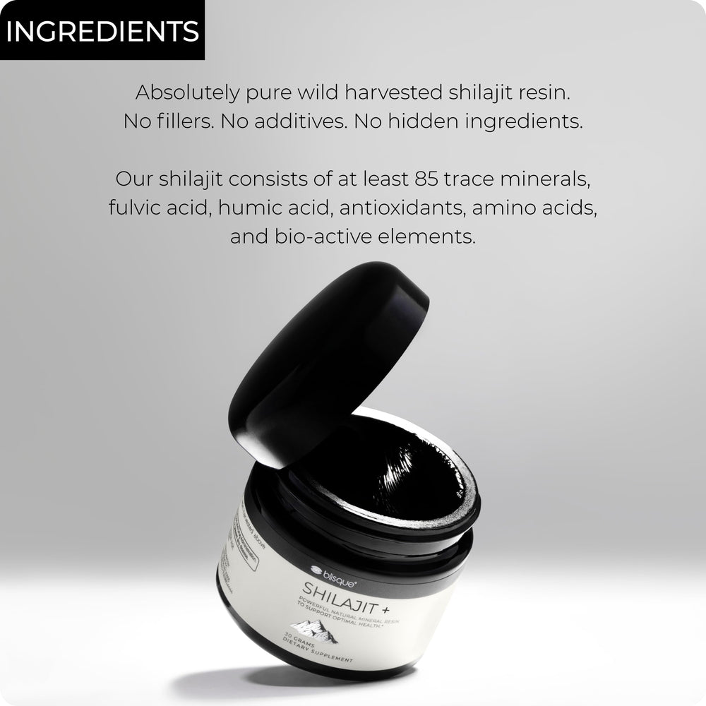 Blisque Shilajit resin pours into glass, suggesting versatile mixing.