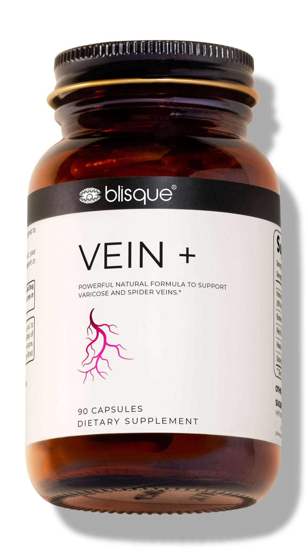 Blisque Vein+ bottle front view highlighting natural vein support for legs