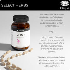 Blisque Vein+ ingredients label focusing on butchers broom and gotu kola