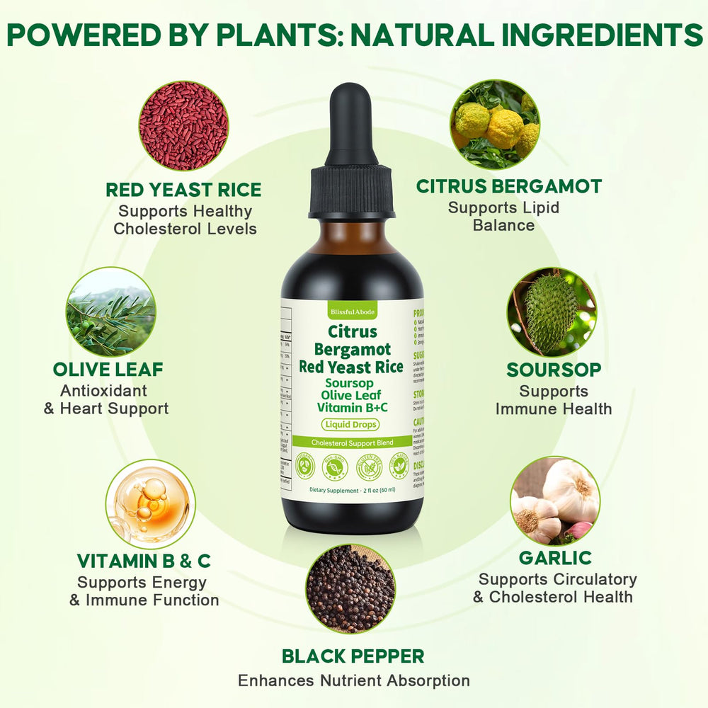 BlissfulAbode Red Yeast Rice Drops ingredients panel emphasizes citrus and botanicals.