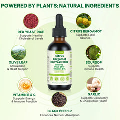 BlissfulAbode Red Yeast Rice Drops ingredients panel emphasizes citrus and botanicals.