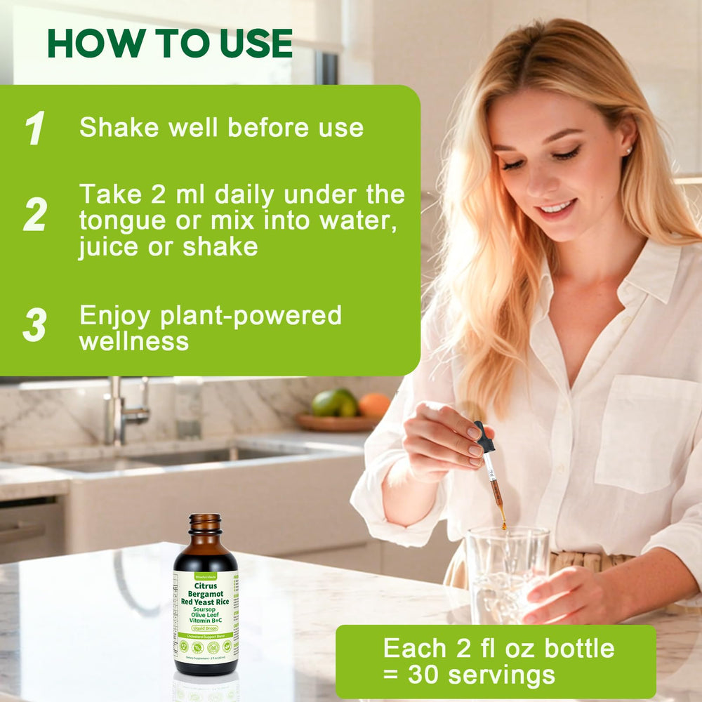 BlissfulAbode Red Yeast Rice Drops measuring shows a precise 2 ml dose.