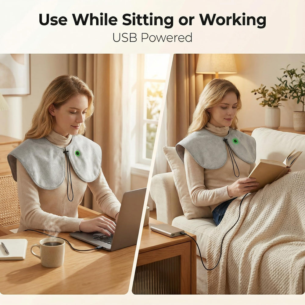 Blixno heated wrap on a desk demonstrating easy office warmth