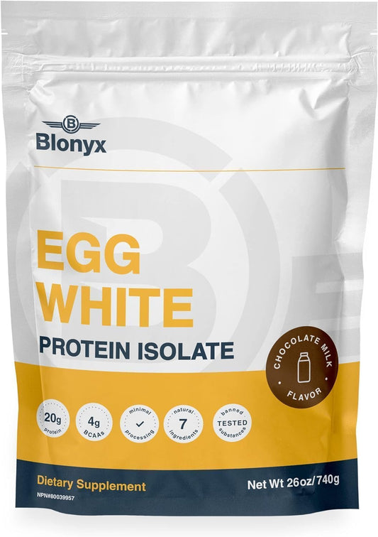 Blonyx egg white protein isolate powder in chocolate milk flavor in a resealable jar