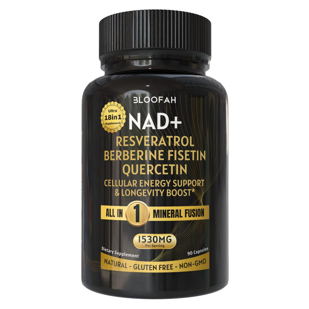 Bloofah NAD+ supplement bottle front showing daily energy support.