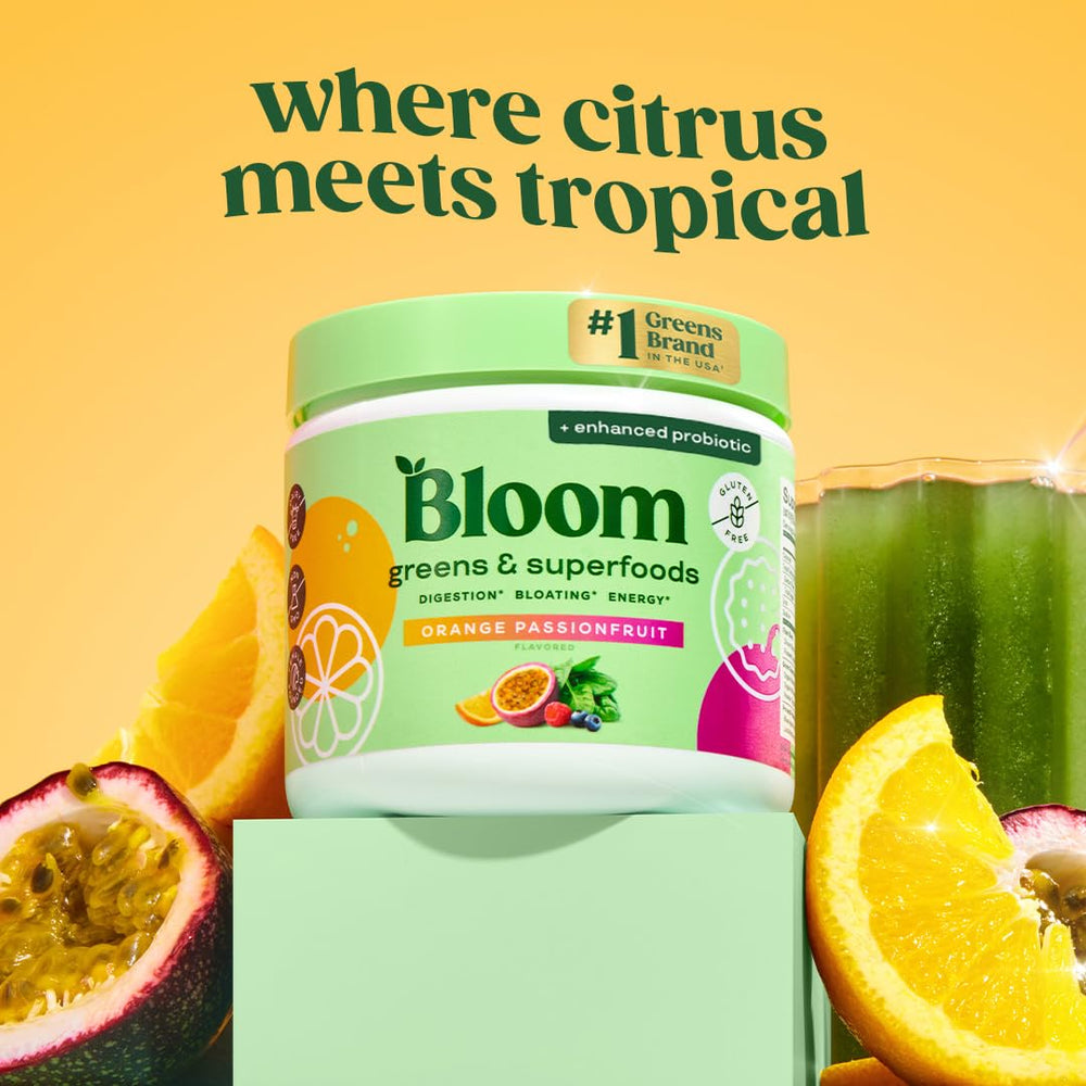 Bloom Nutrition greens powder blend with spirulina and chlorella for energy.