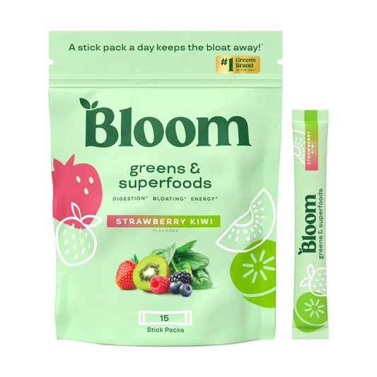 Bloom Nutrition greens stick packet with strawberry kiwi flavor for easy daily greens.