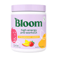 Bloom Nutrition High Energy Pre Workout front label showing bold branding for quick energy boosts