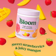 Bloom Nutrition High Energy Pre Workout ingredients panel highlighting beta-alanine and ginseng for focus