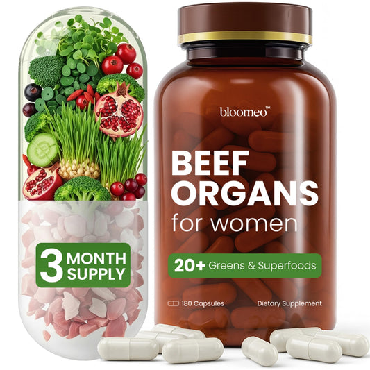 Bloomeo grass-fed beef organ supplement bottle promotes hormone balance and vitality.