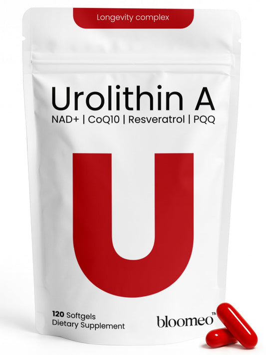Bloomeo Urolithin A bottle front highlighting a longevity formula for energy.