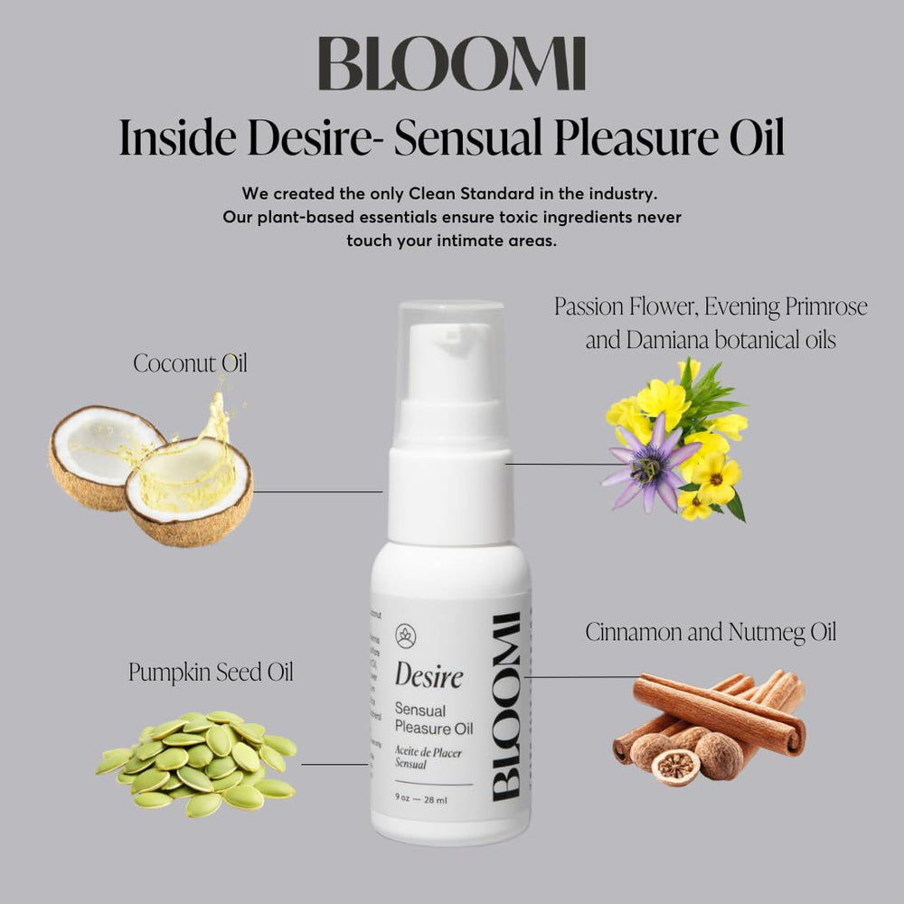 Bloomi Desire Body Oil pump dispense—easy to pour and apply for quick relaxation massage.