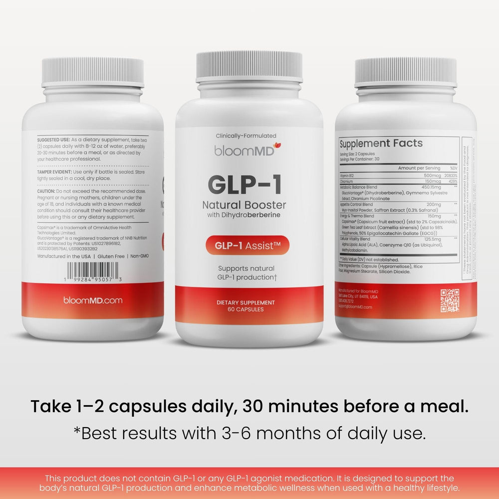 BloomMD GLP-1 saffron extract on label indicating appetite signal balance