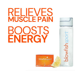 Blowfish Sport lemon flavor tablet dissolving in glass for refreshing drink.