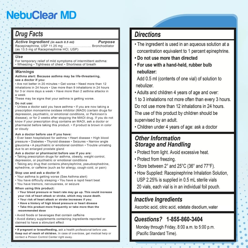 Blue Echo Care NebuClear MD 20-vial pack shown for convenient dosing.