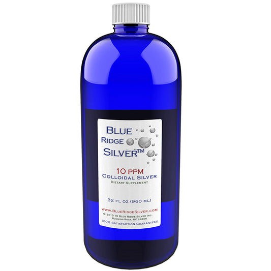 Blue Ridge Silver 10 ppm bottle: clear 32 oz packaging for easy daily use.
