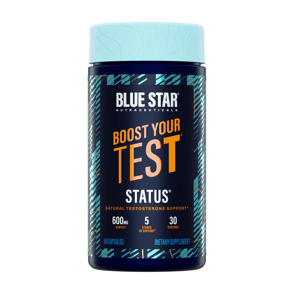 Blue Star Status bottle front view highlighting daily testosterone support