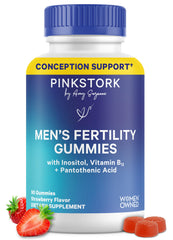 Blue Stork Fertility Gummies for Men bottle with colorful gummies for daily conception support.