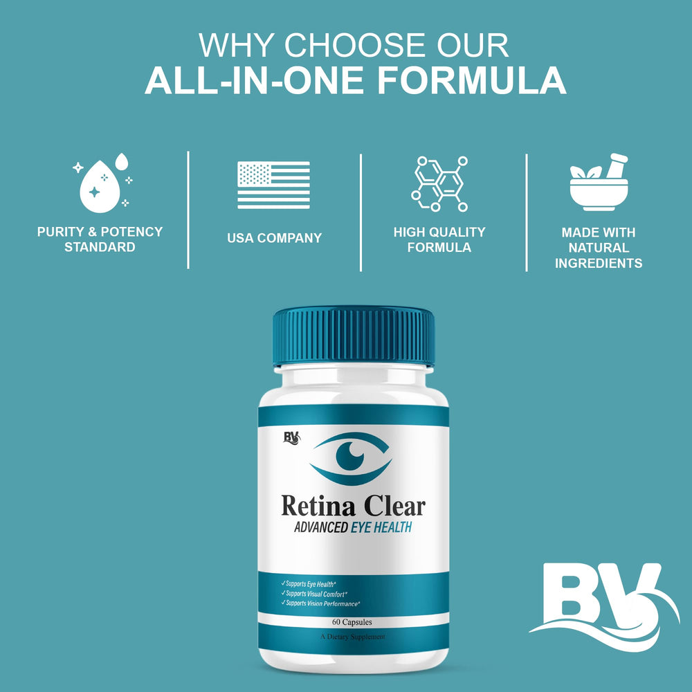 Blue Vibe Retina Clear bottle on desk beside a glass of water