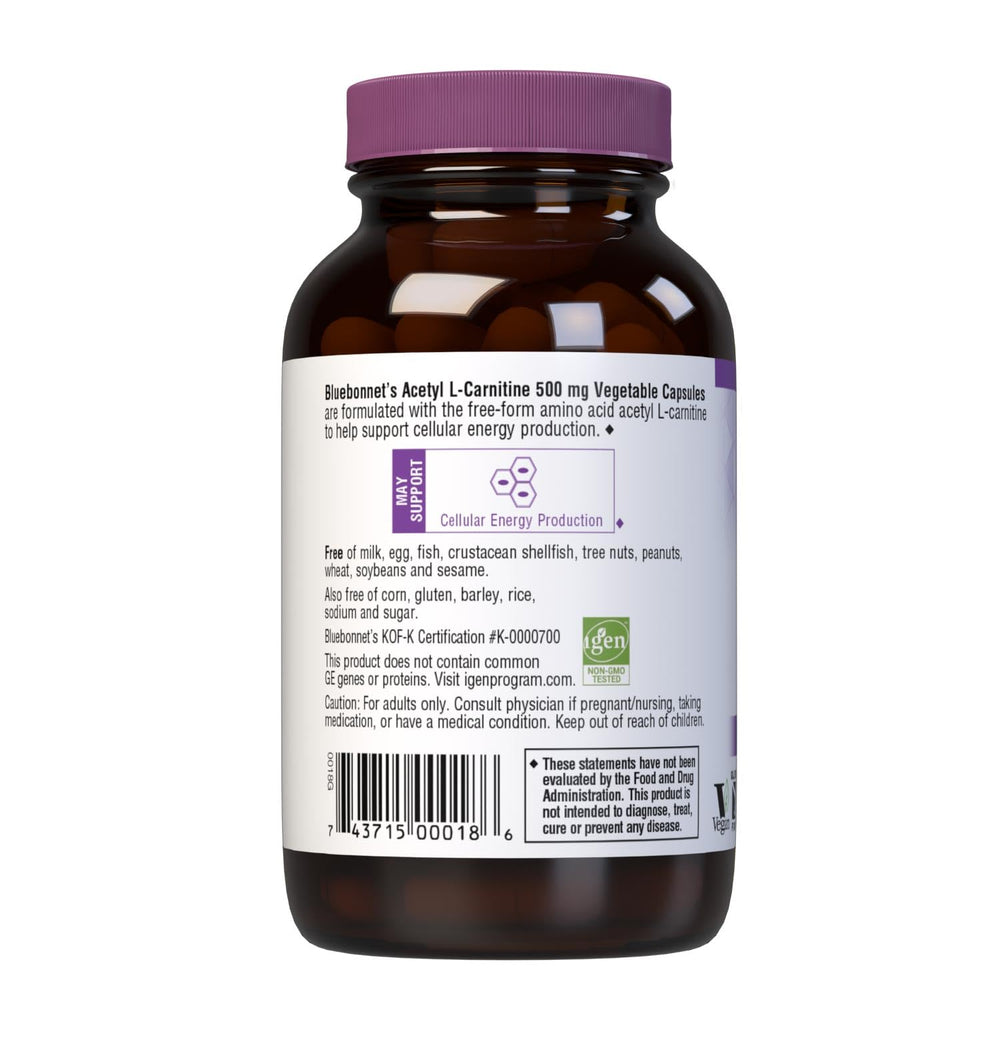 Bluebonnet Acetyl L-Carnitine capsules beside a glass suggest on-the-go daily use.