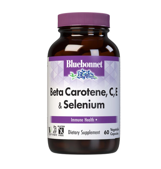 Bluebonnet Beta Carotene C and E Plus Selenium bottle front view, antioxidant blend