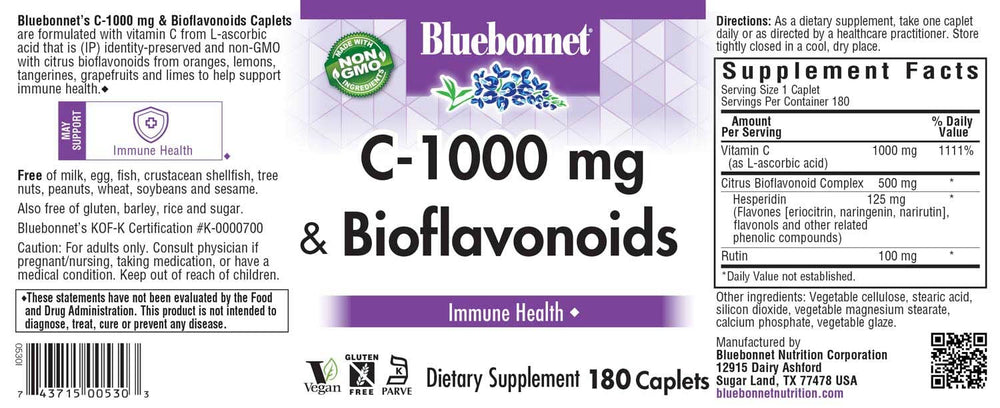 BlueBonnet C-1000 mg caplets close-up showing hesperidin and rutin in a vegan, allergen-free formula.