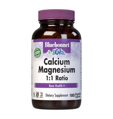 BlueBonnet Calcium Magnesium bottle front showing vegan, allergen-free formula for daily bone support.