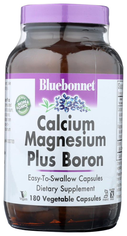 BlueBonnet calcium magnesium boron bottle front, high-potency mineral formula.