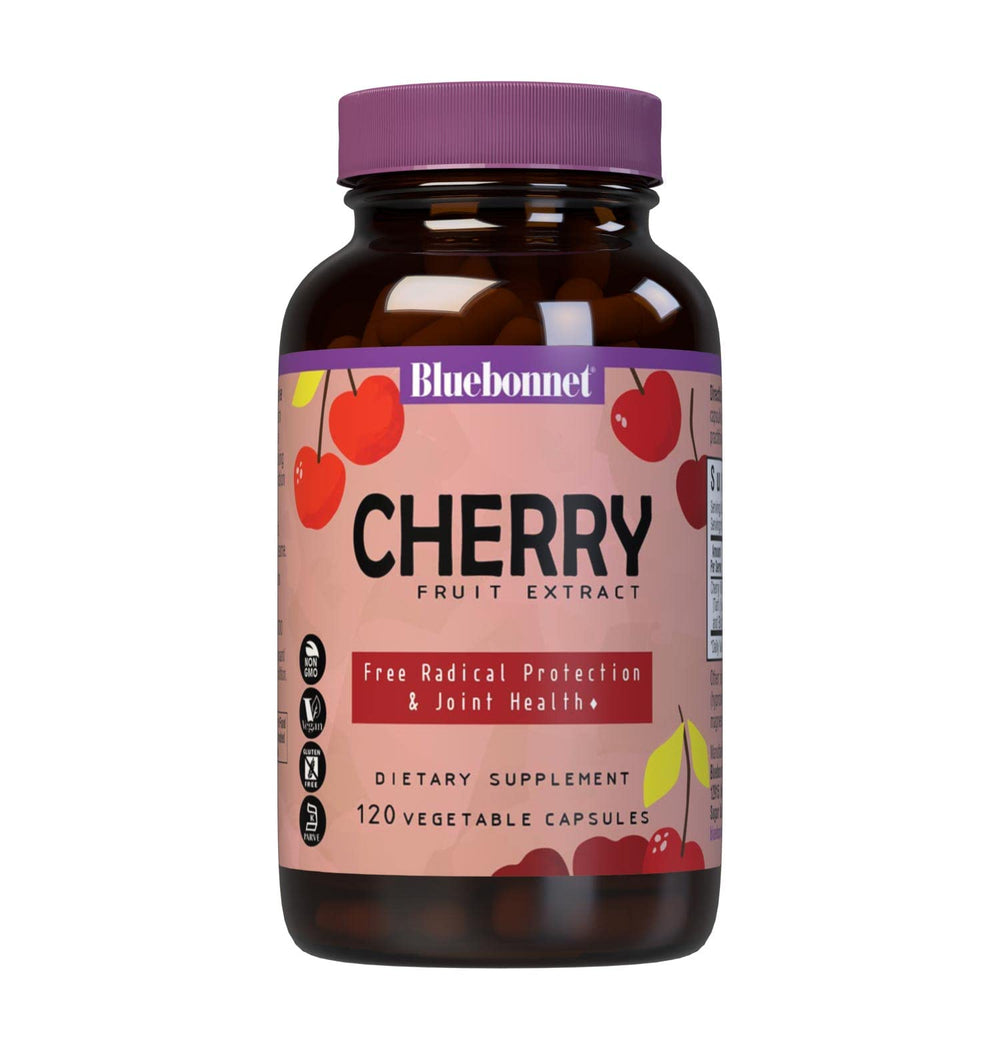 BlueBonnet Cherry Fruit Extract bottle with label highlighting flavonoids