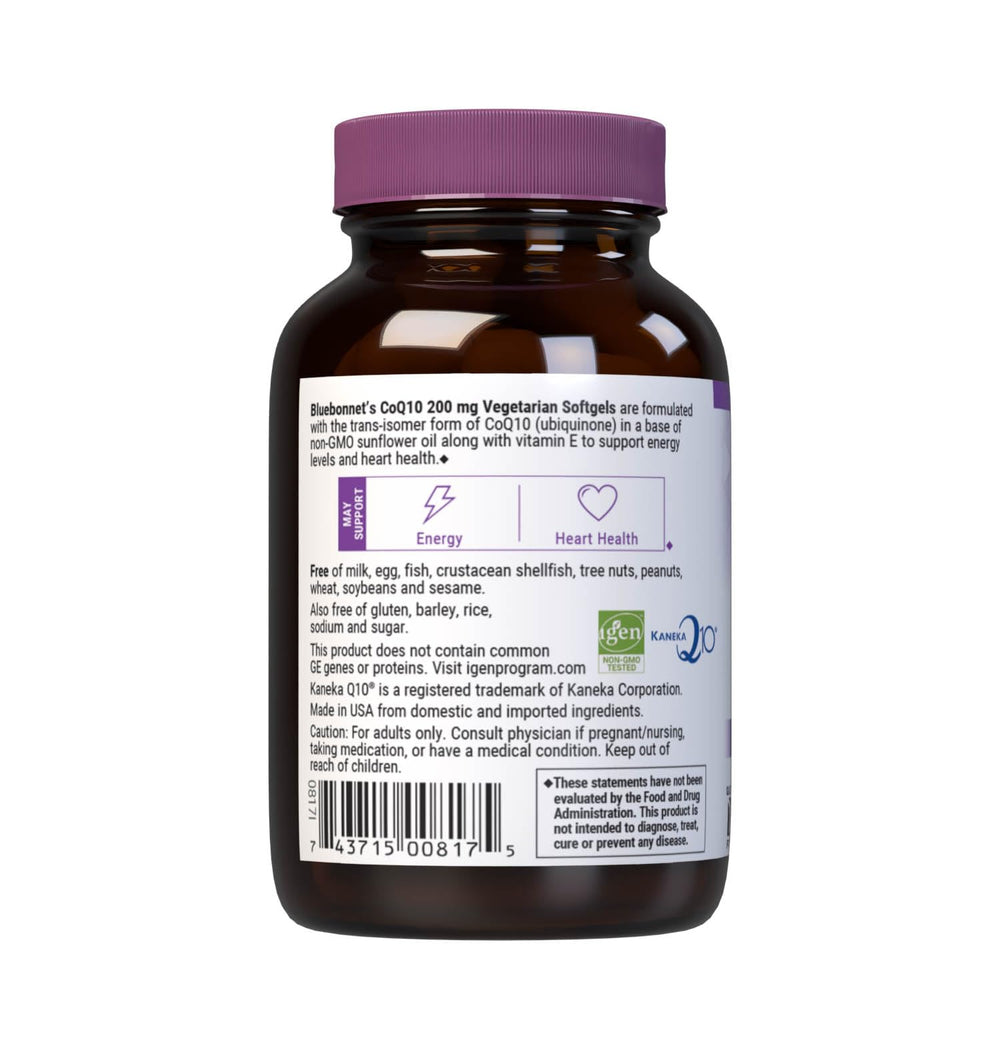BlueBonnet CoQ-10 vegetarian softgels in a vial presenting a plant-based wellness option.