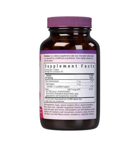 BlueBonnet EarthSweet raspberry label highlighting 1000 mcg methylfolate potency.