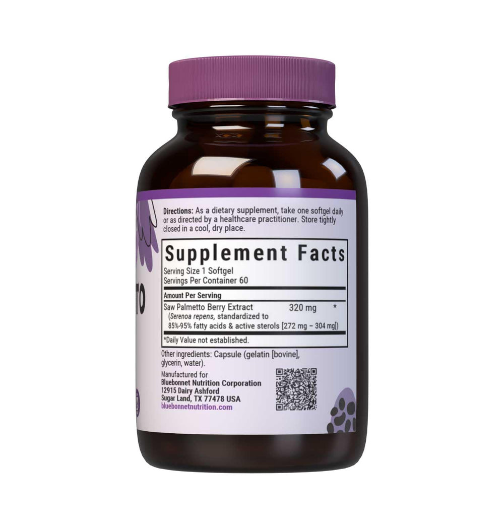 BlueBonnet Saw Palmetto Softgels close-up highlighting high potency extract.