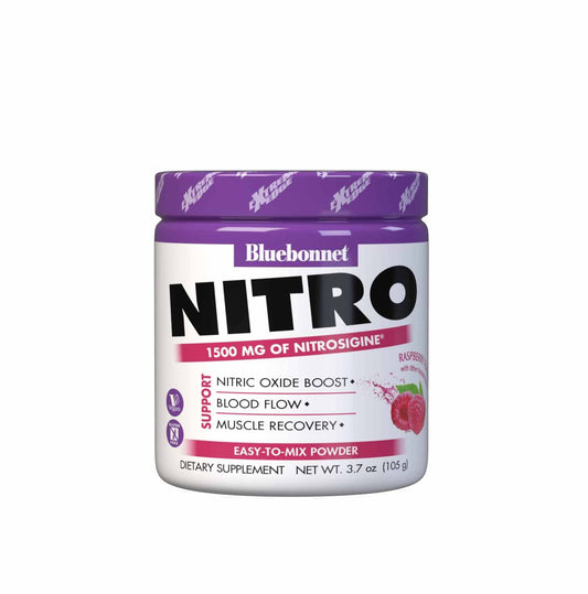BlueBonnet Extreme Edge Nitro Powder tub highlighting 30 servings and vegan formula.