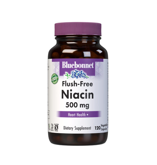 Bluebonnet Flush-Free Niacin 500mg bottle front with clear label for heart health support