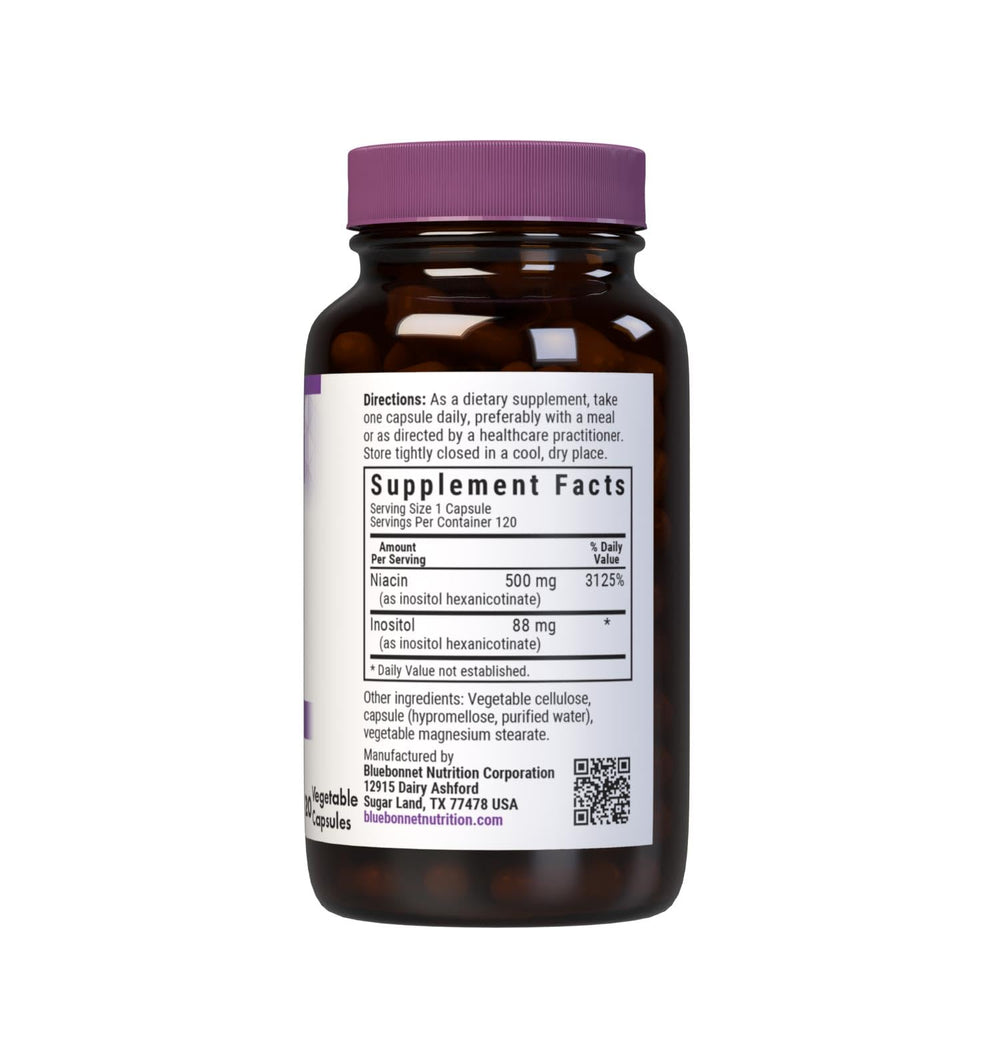 Bluebonnet Flush-Free Niacin 500mg bottle side label shows ingredients details