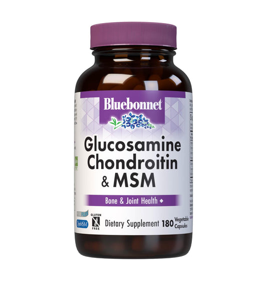 Bluebonnet Glucosamine Chondroitin Plus MSM bottle close-up for joint comfort.
