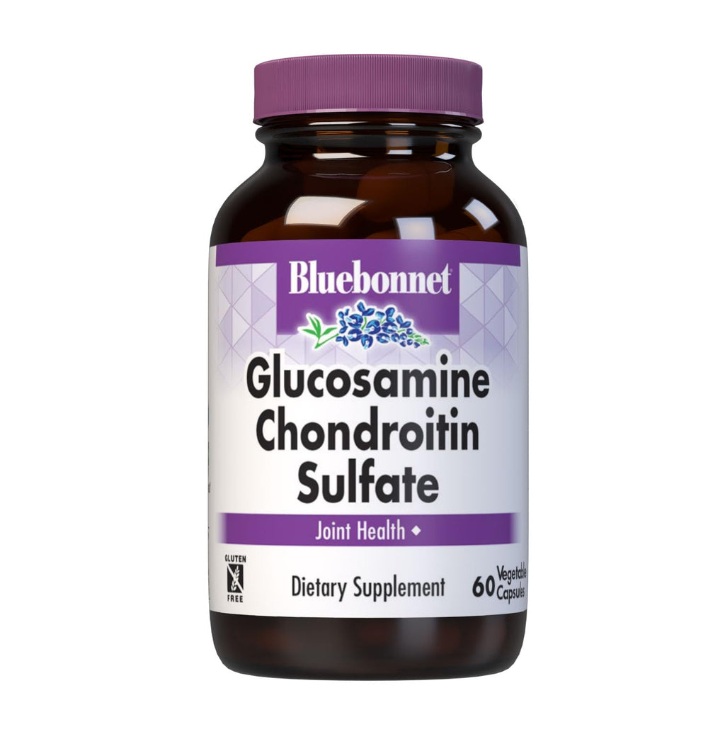 BlueBonnet Glucosamine Chondroitin sulfate bottle showing 60 capsules for joint support.